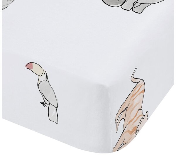 Bela napenjalna bombažna otroška rjuha za otroško posteljico 70x140 cm Zoo Animals – Bianca