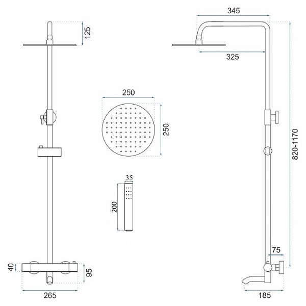 Rea Lungo Tuš set črn s termostatom Metallic