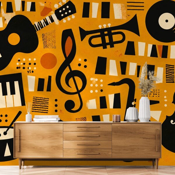 Tapeta retro glasbeni instrumenti na oranžni