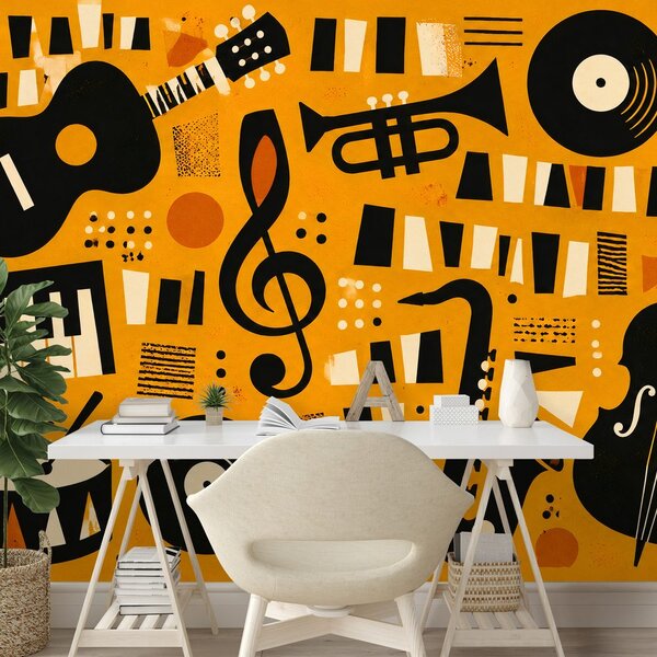 Tapeta retro glasbeni instrumenti na oranžni