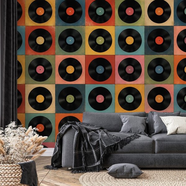 Tapeta retro vinilne plošče na barvnem ozadju