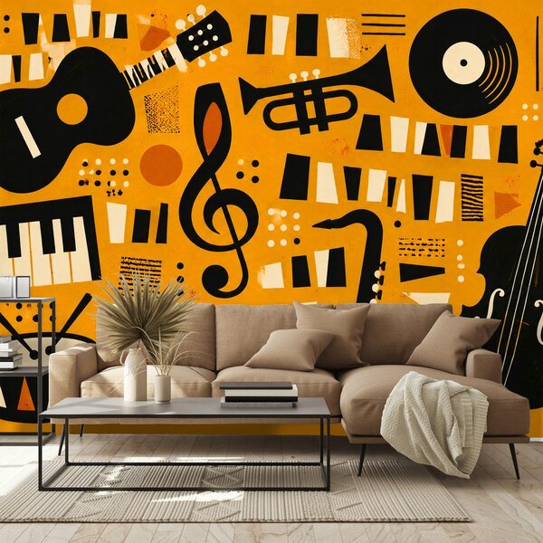 Tapeta retro glasbeni instrumenti na oranžni