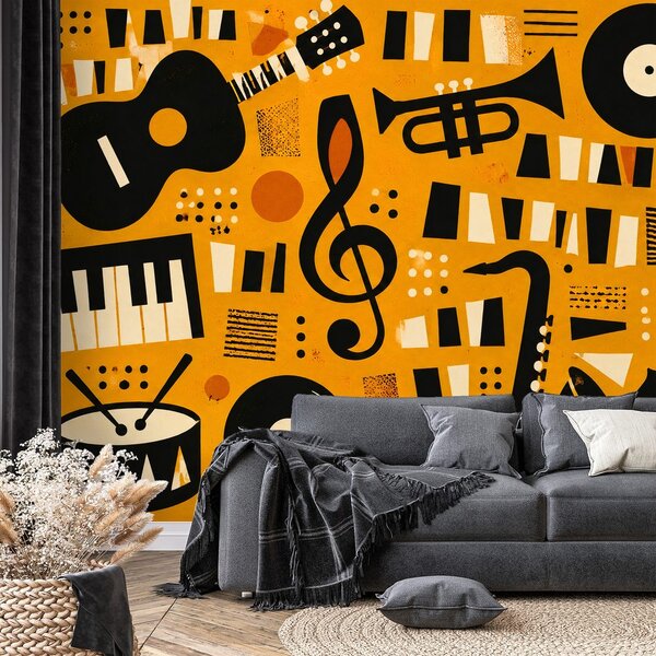 Tapeta retro glasbeni instrumenti na oranžni