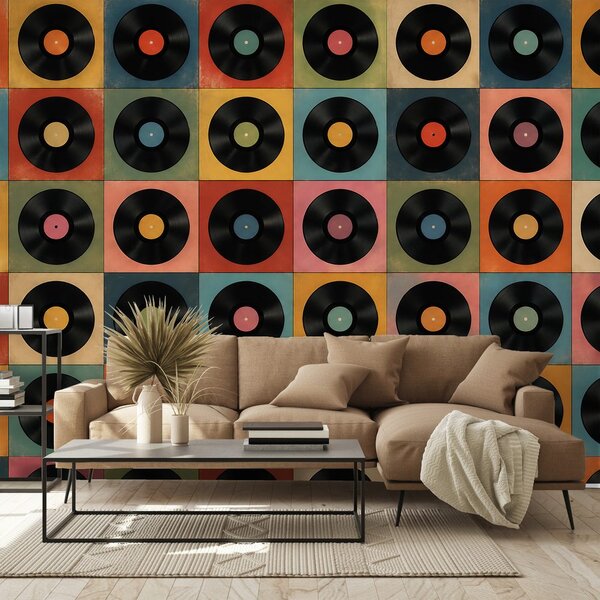 Tapeta retro vinilne plošče na barvnem ozadju