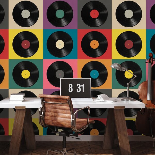 Tapeta retro vinilne plošče na barvnem ozadju