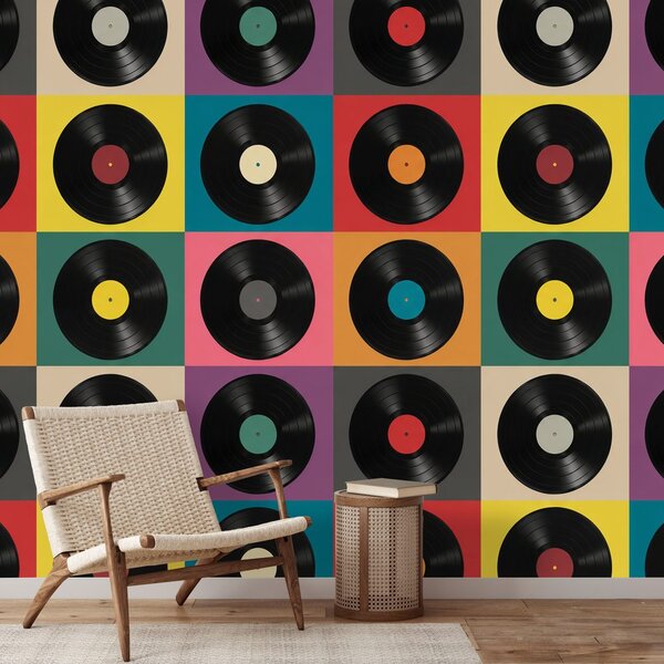 Tapeta retro vinilne plošče na barvnem ozadju