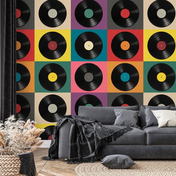 Tapeta retro vinilne plošče na barvnem ozadju