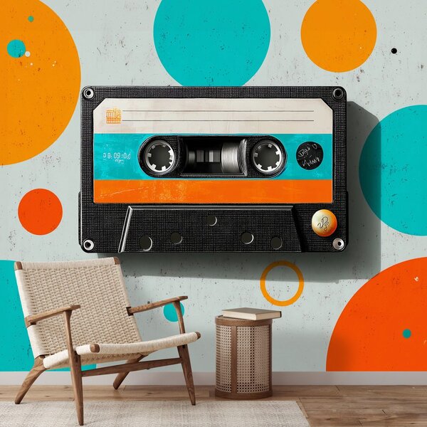 Tapeta retro kaseta z barvnimi krogi
