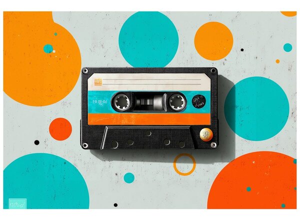 Tapeta retro kaseta z barvnimi krogi