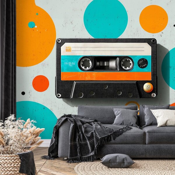 Tapeta retro kaseta z barvnimi krogi