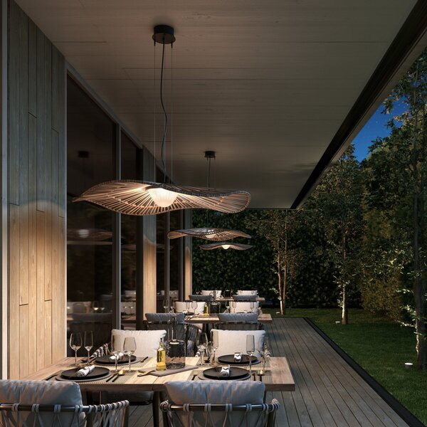 Bover LED zunanja viseča svetilka Mediterránia, rjava, Ø 105 cm, zatemnjen, Rjava / rjasta, Plastika, Dizajn