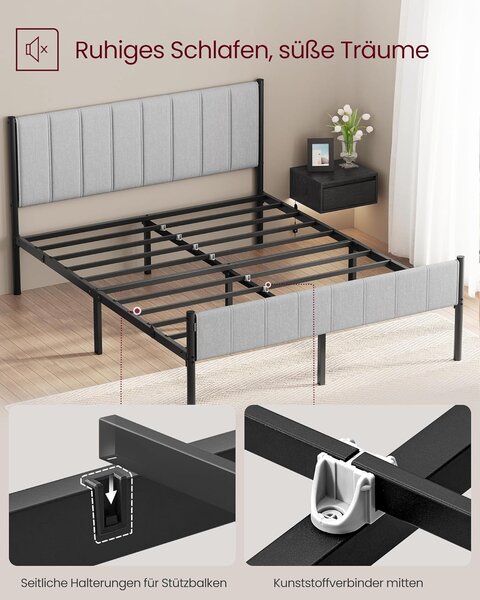 Francoska postelja okvir 160 x 200 cm, oblazinjena vzglavna stran, jeklen okvir, siva