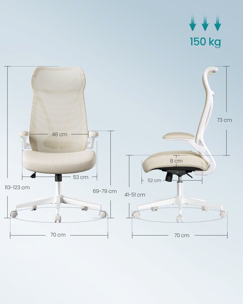 Ergonomska pisarniška stolica z nastavljivo višino in zložljivimi naslonjali za roke, bež