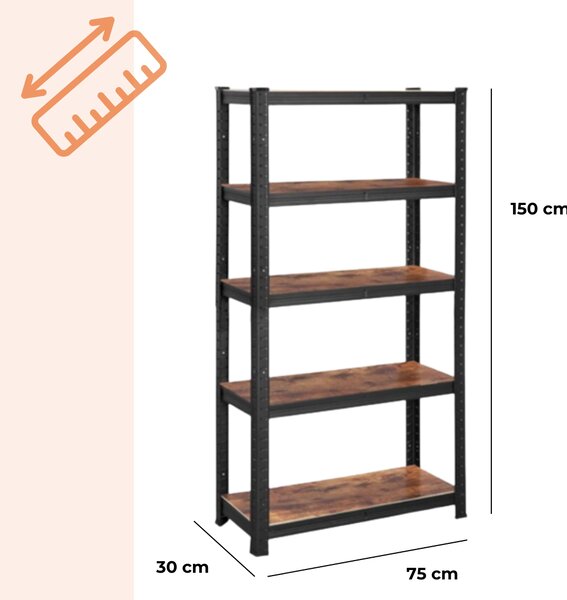 Polični regal DUSTY, 5 polic, maks. 650kg, črn/rjav SongmicsHome
