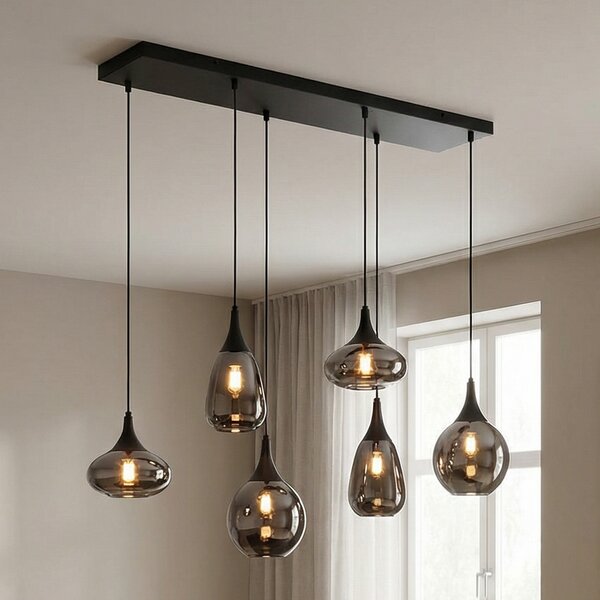 Trio Lighting Obesna svetilka Lumina, 6-svetlobna, črna/krom, steklo, zatemnjen, Črna, Dnevna soba / jedilnica, Steklo