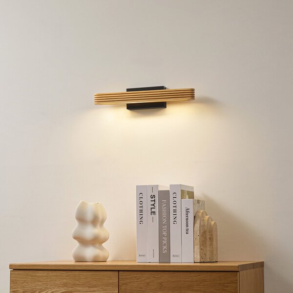 Lucande LED stenska svetilka Lieske, 40 cm, les, črna, Les, Dnevna soba / jedilnica, Les, Sodobni