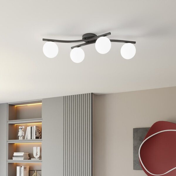 EMIBIG LIGHTING Stropna svetilka Opus, dolžina 85 cm, opal, 84 4-svetlobna., zatemnjen, Črna, Dnevna soba / jedilnica, Kovina, Sodobni