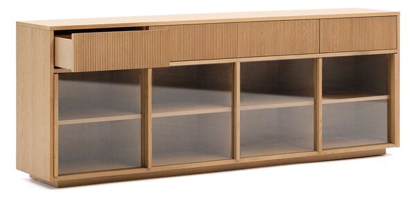 Vitrina v hrastovem dekorju z drsnimi vrati v naravni barvi 200x80x40 cm Helvine – Kave Home