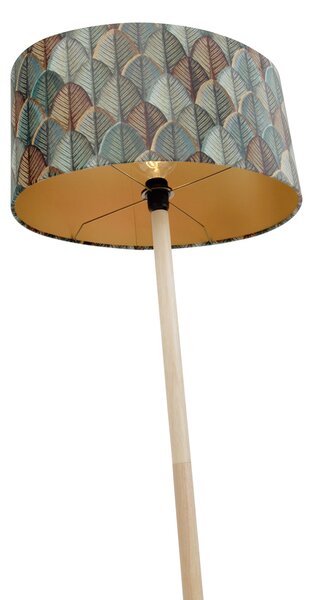 Lesena stoječa svetilka z ovalnim žametnim senčilom z motivom listov 50 cm - Mels