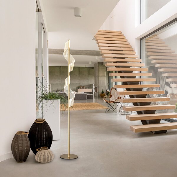 Schuller Valencia LED-stoječa svetilka Velas, zlata barva, višina 160 cm, kovina, Zlata / medeninasta, Dnevna soba / jedilnica, Aluminij, Sodobni