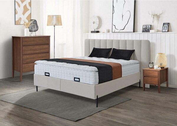 POSTELJA Z VZMETNICO 160 cm x 200 cm , kovina, tekstil, leseni material bež