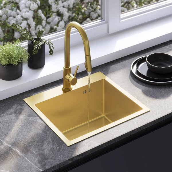 Jekleno pomivalno korito s kompletom dodatkov REA Leo 50 Brush Gold