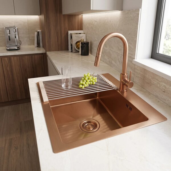 Jekleno pomivalno korito s kompletom dodatkov REA Leo 50 Brush Copper
