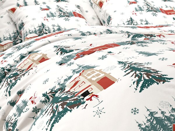 Posteljnina iz mešanice bombaža in poliestra SNOWY HOUSES POLY bela Dimenzije posteljnine: 70 x 90 cm | 140 x 200 cm