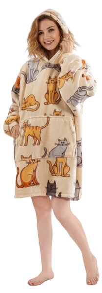 Topla odeja z imitacijo ovčje volne z rokavi in kapuco COLORED CATS krem barve